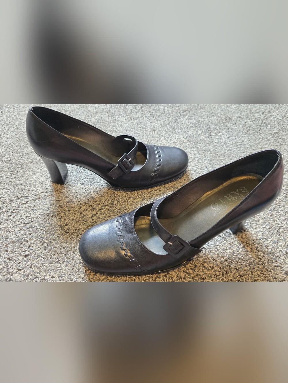VTG Franco Sarto Black Leather Mary Jane Pumps Loop Stitch Block Heel Size 8.5